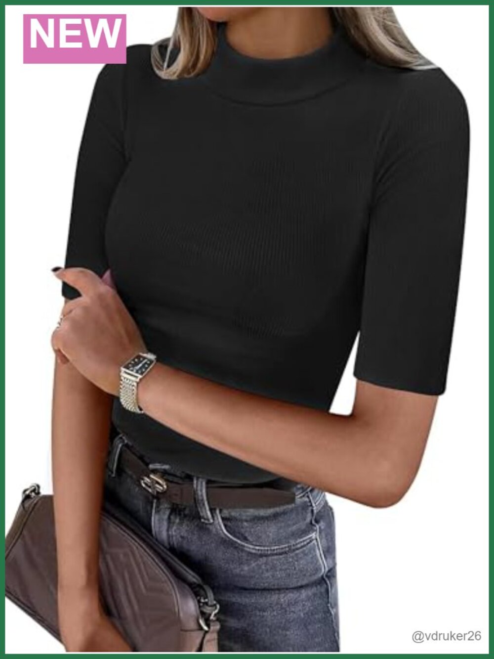 Women's Ribbed Knit Mock Neck Half Sleeve Slim Fit T-Shirt